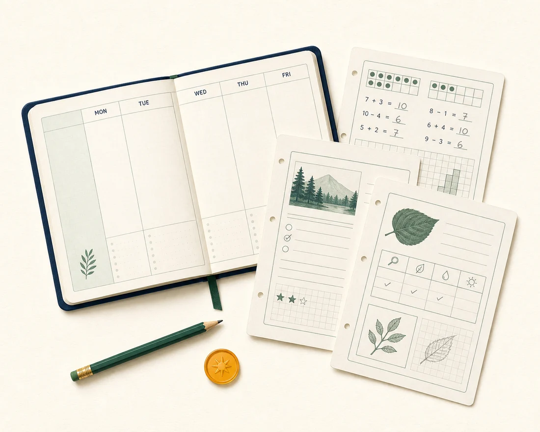 An open weekly planner beside printable math, reading, and science practice pages