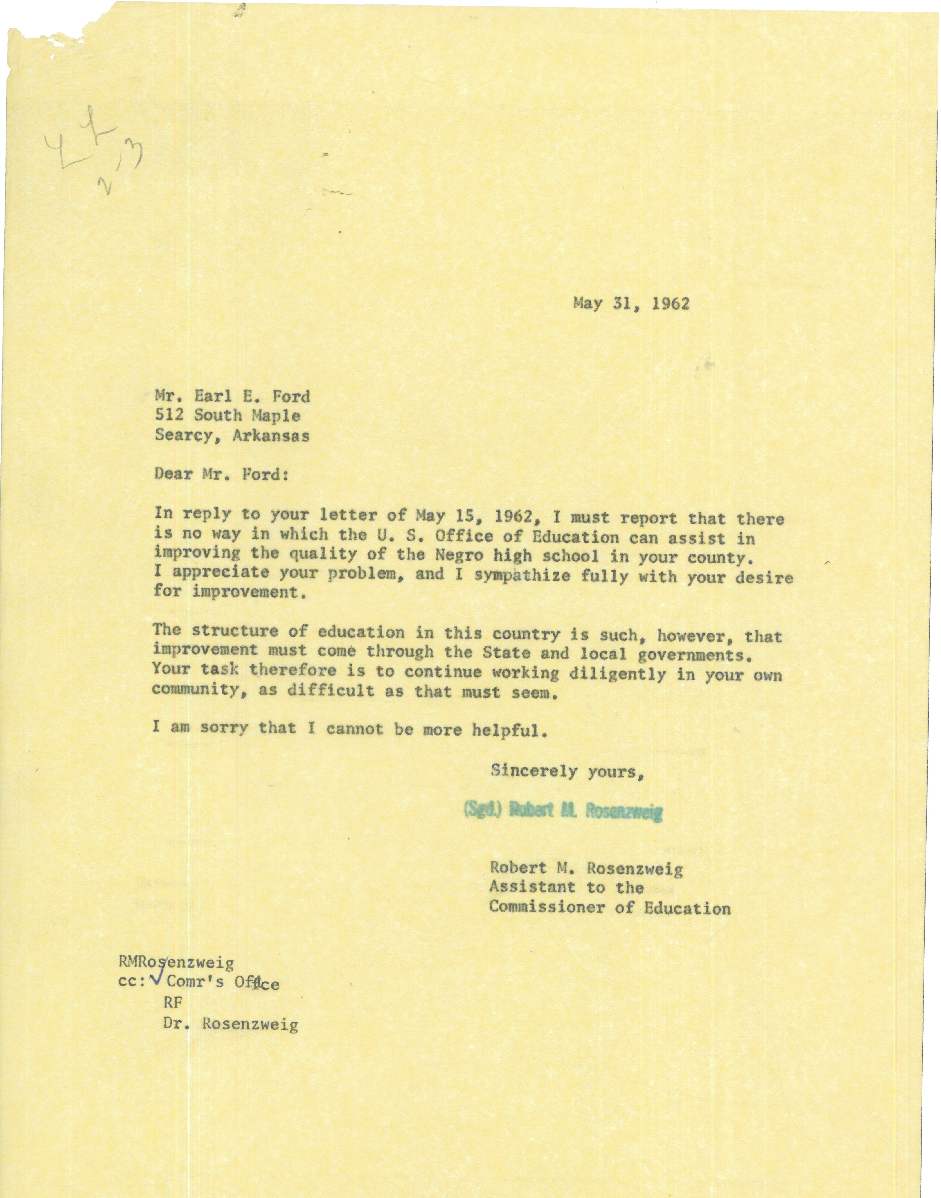 Letter from Robert Rosenzweig to Earl Ford Regarding Assistance from the U.S. Office of Education in Improving a Community High School