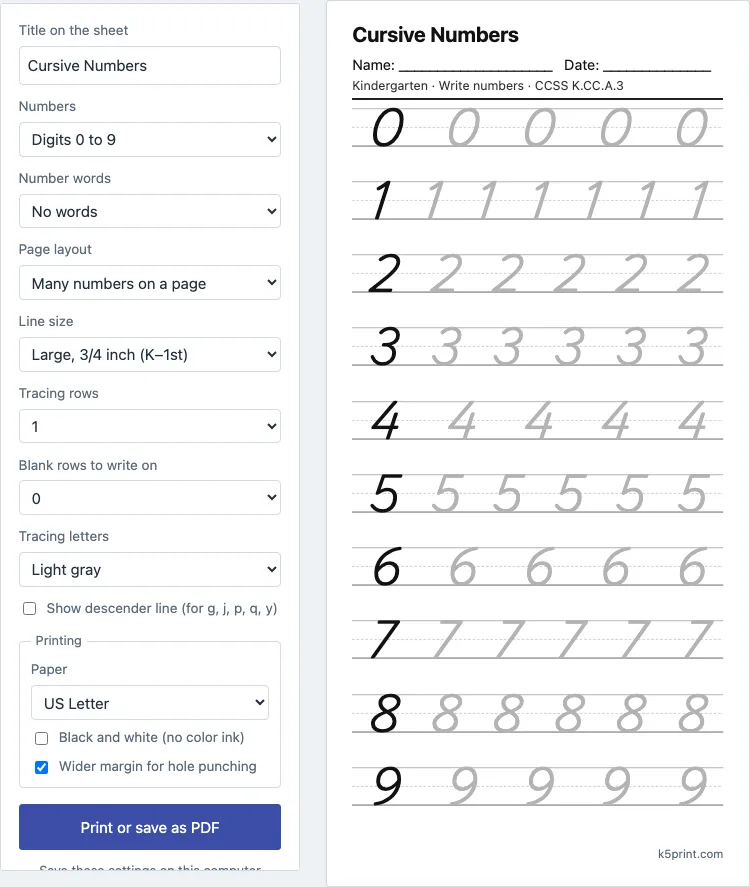 Cursive numbers example