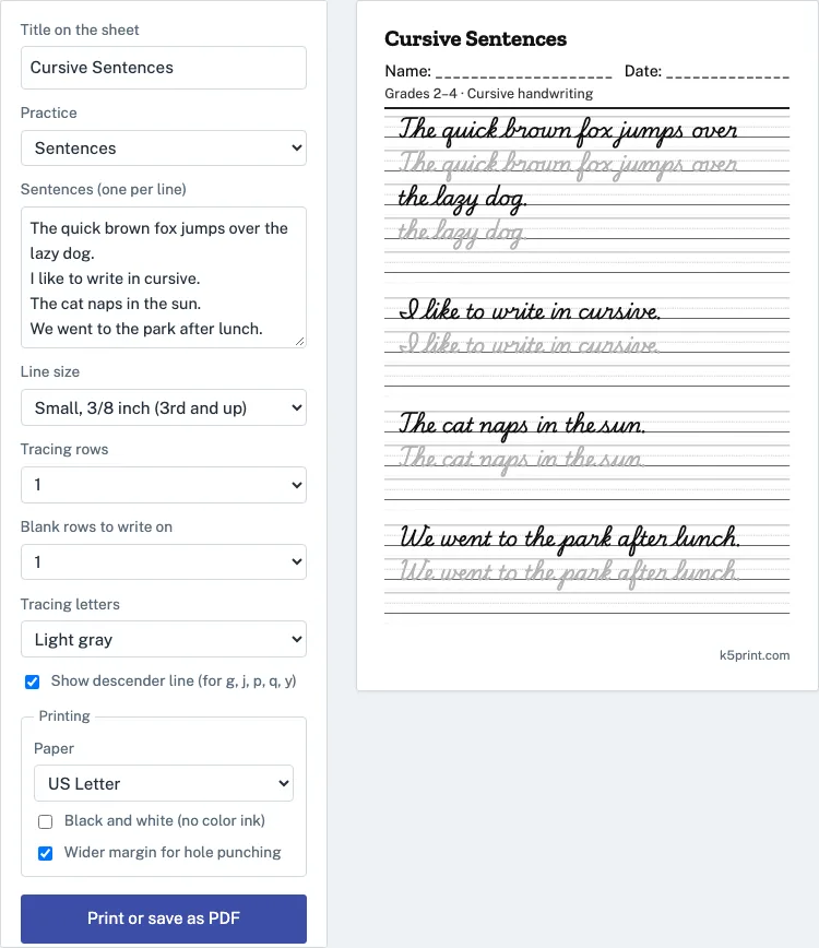 Cursive sentences example
