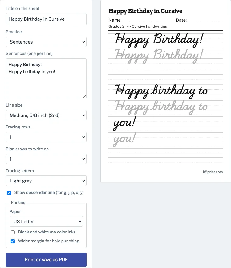 Happy birthday in cursive example