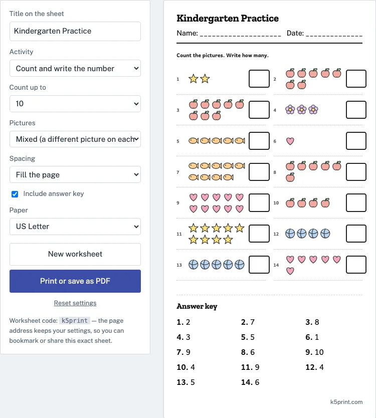 Kindergarten worksheets example