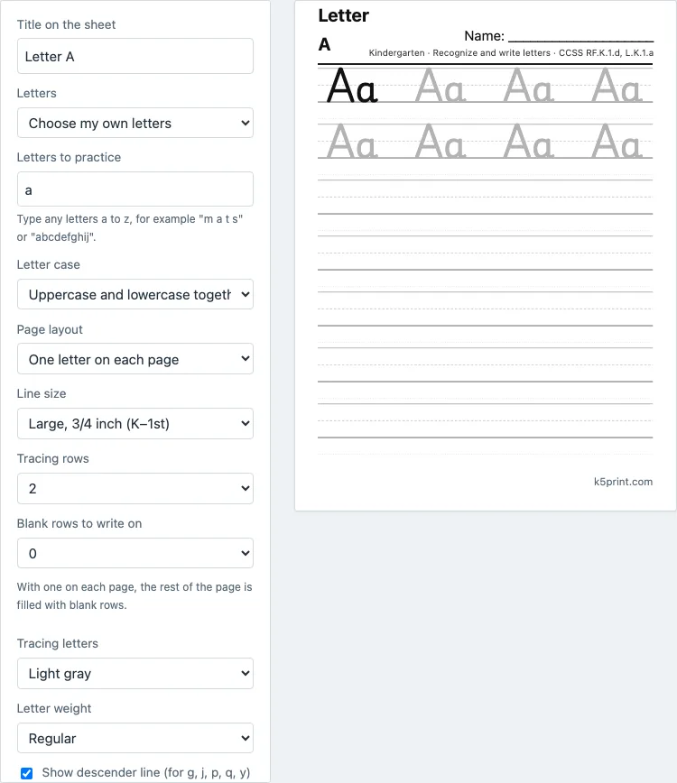Letter a worksheets example