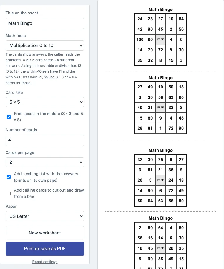 Multiplication bingo example