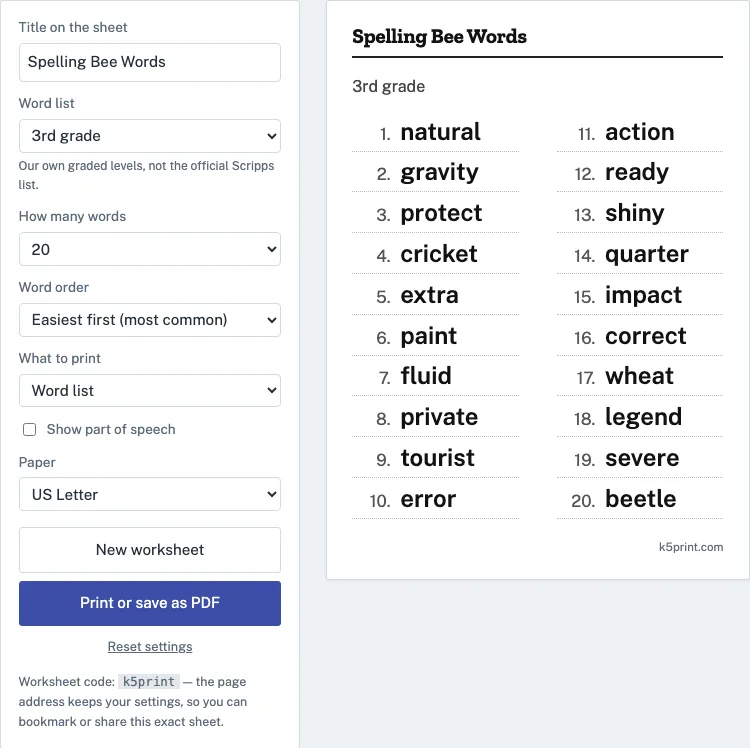 Spelling bee word list example