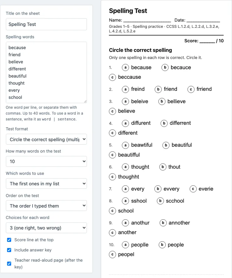 Spelling test generator example