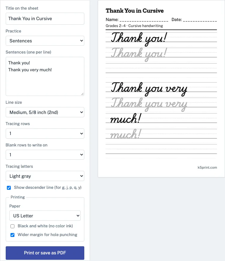 Thank you in cursive example