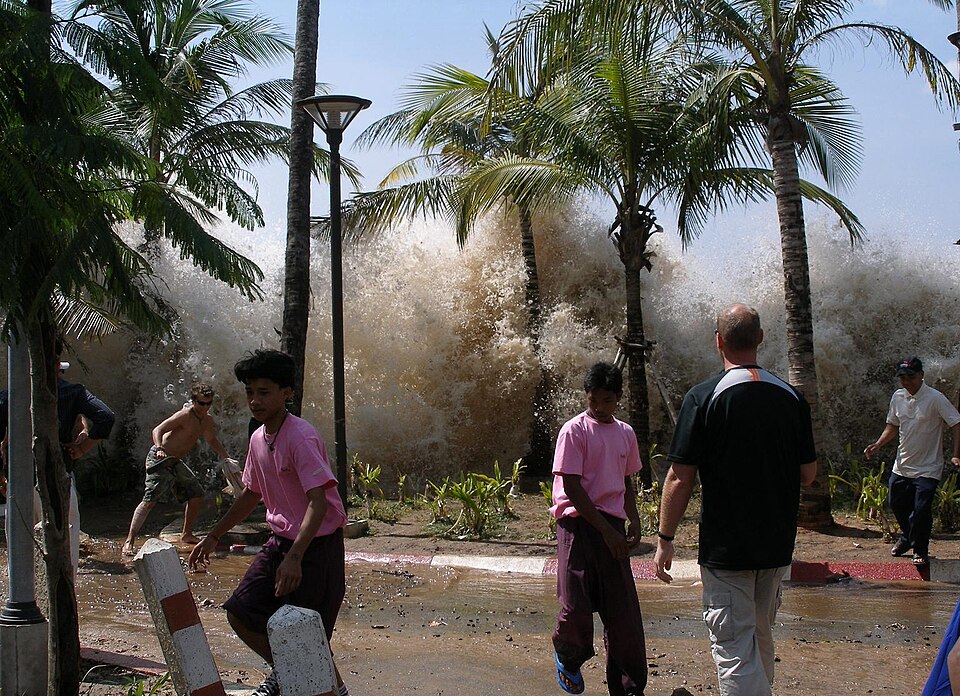 Tsunami that occurred in 2004 in Thailand. The water of the wave can be seen behind the palm trees in the background.