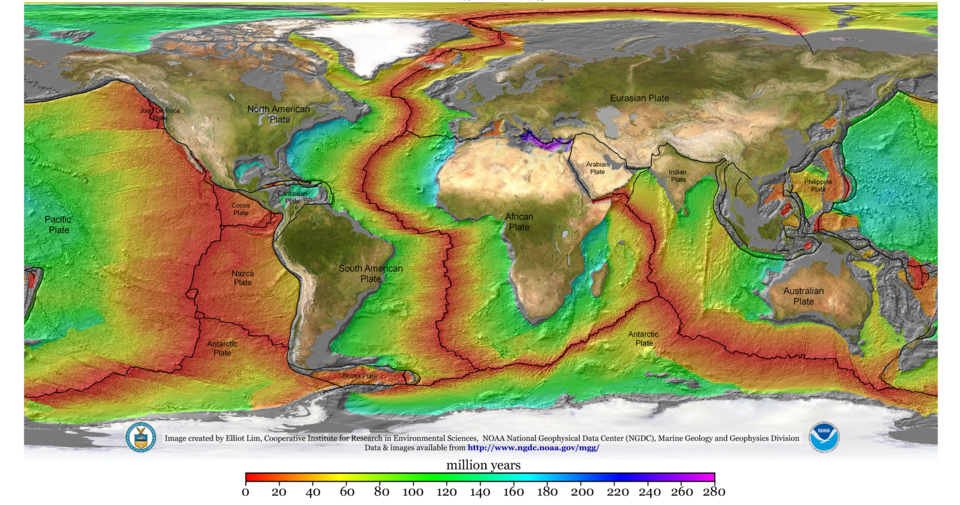 Map of the age of the sea floor made from data about changes in the magnetic field.