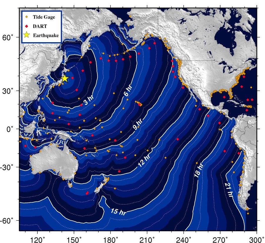 Estimated tsunami travel time forecast map for the 2011 Sendai tsunami, Japan.