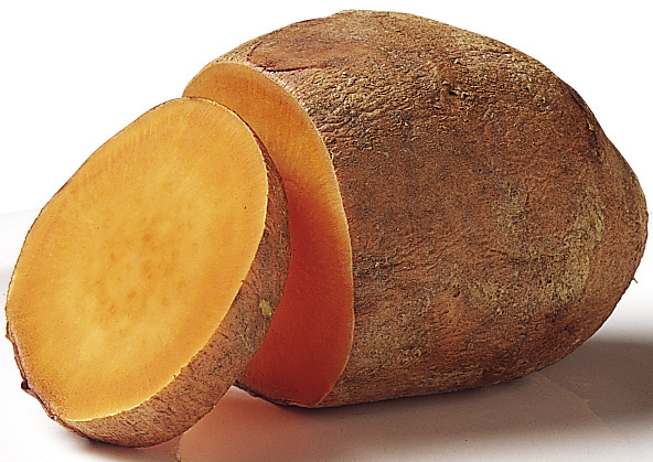 A sweet potato with one slice cut off.