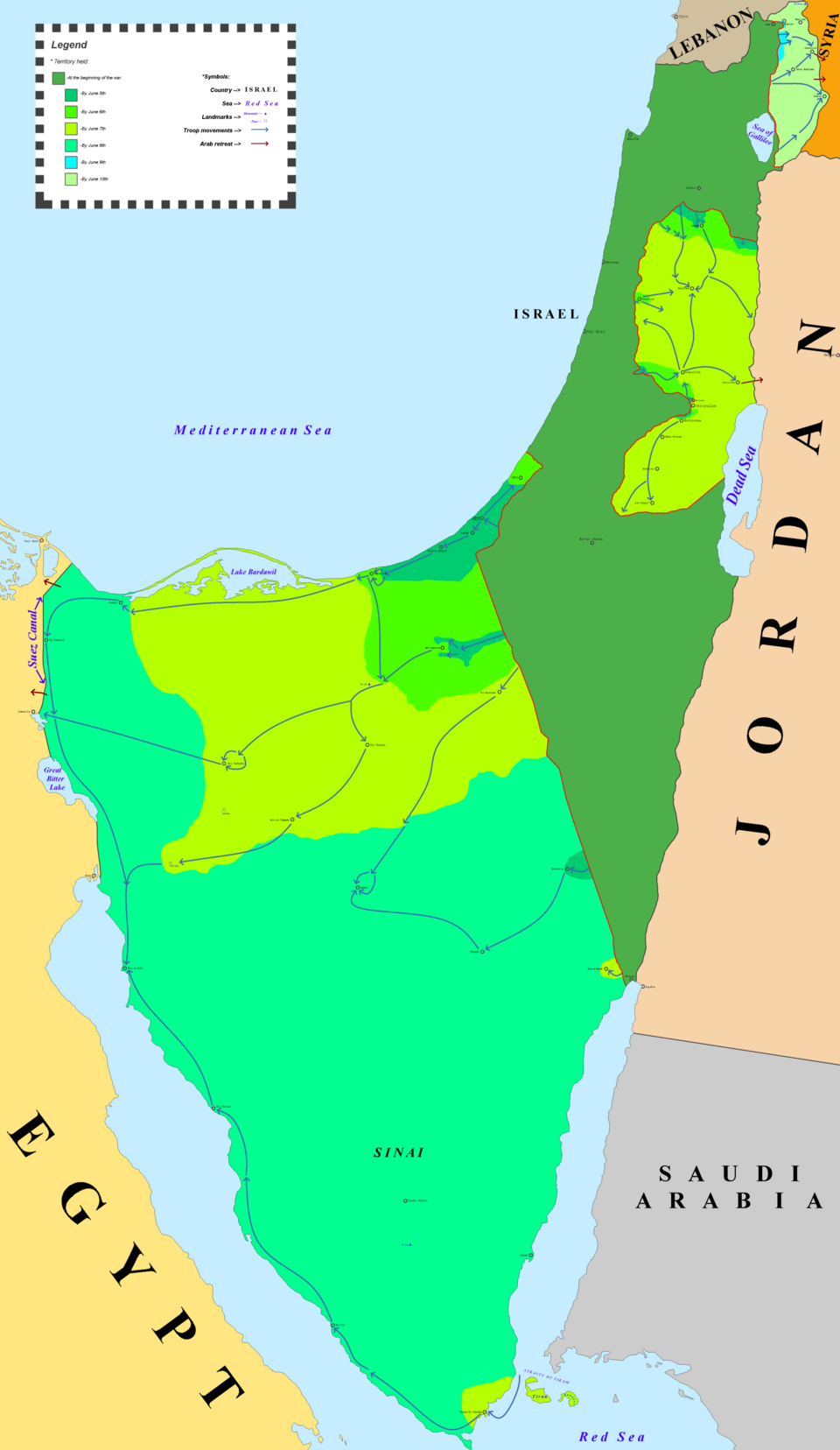 A map of the military advances and the territory gained by Israel during the Six-Day War
