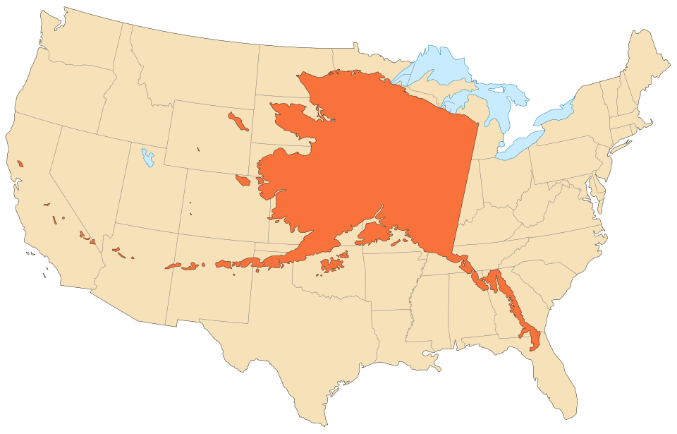Map showing how big Alaska is compared to the other states