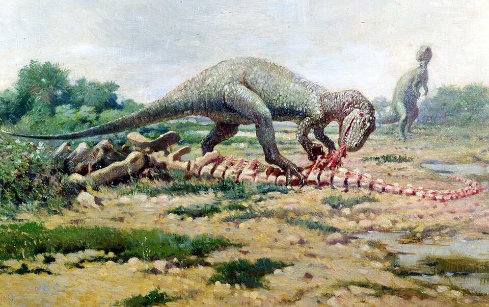 1919 painting of an Allosaurus scavenging on a dead Haplocanthosaurus.