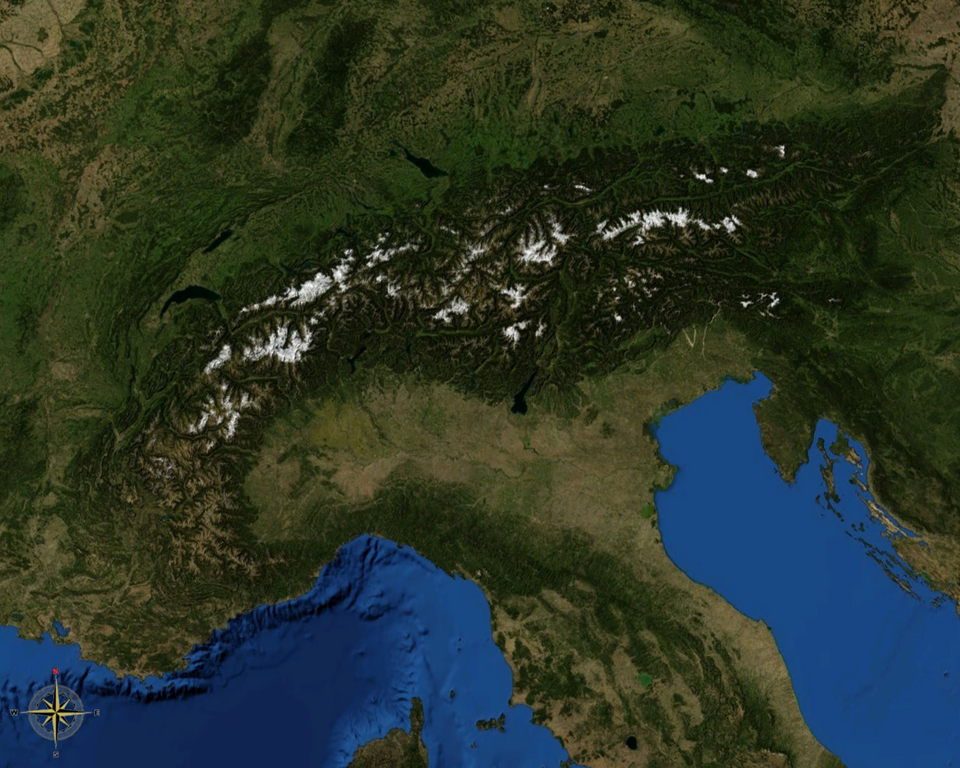 A satellite view of the Alps.