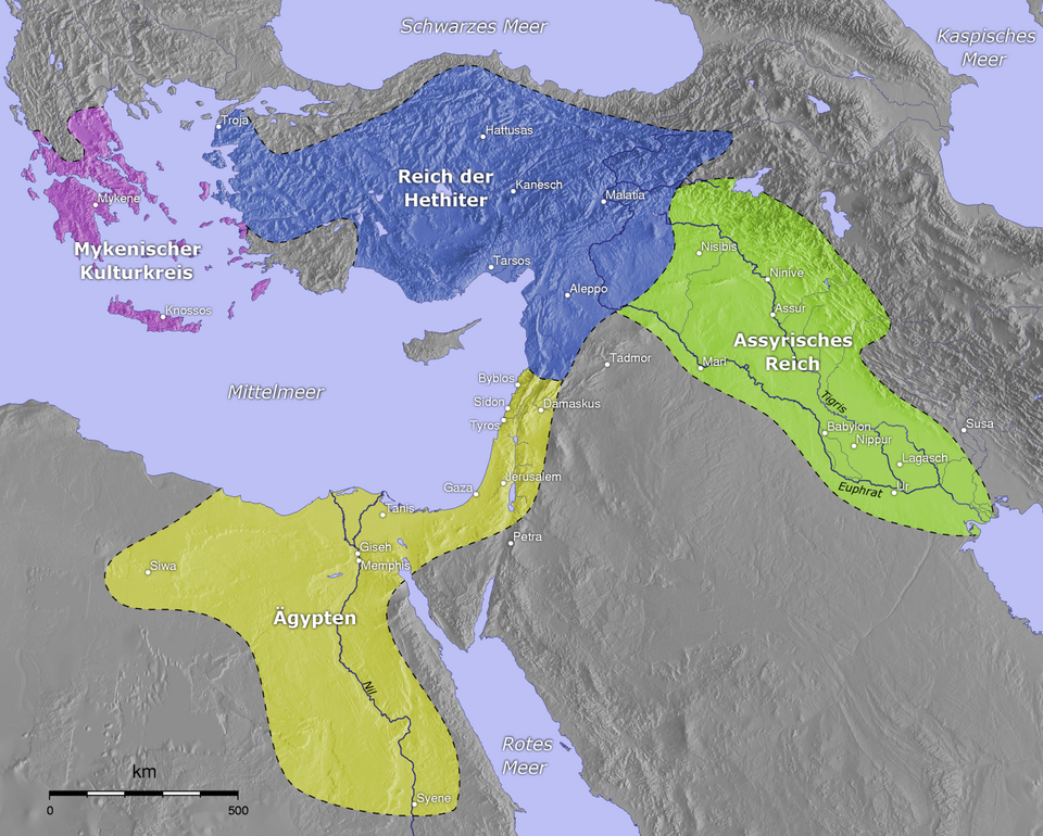 The Hittite Empire at its peak. Hittites:blue; Mycenaean Greeks:pink; Assyria:green; Egypt: yellow)