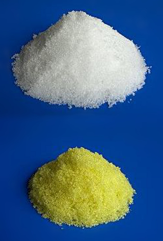 Pure (white) and impure (yellow) forms of aluminium chloride