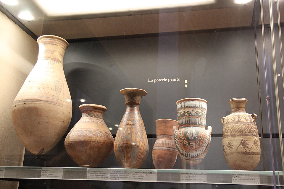 Ancient Egypt Painted Pottery at a museum in Paris, France