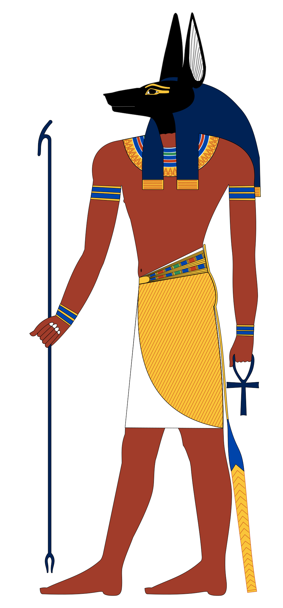 Anubis with head of jackal holding an ankh and a was-sceptre.