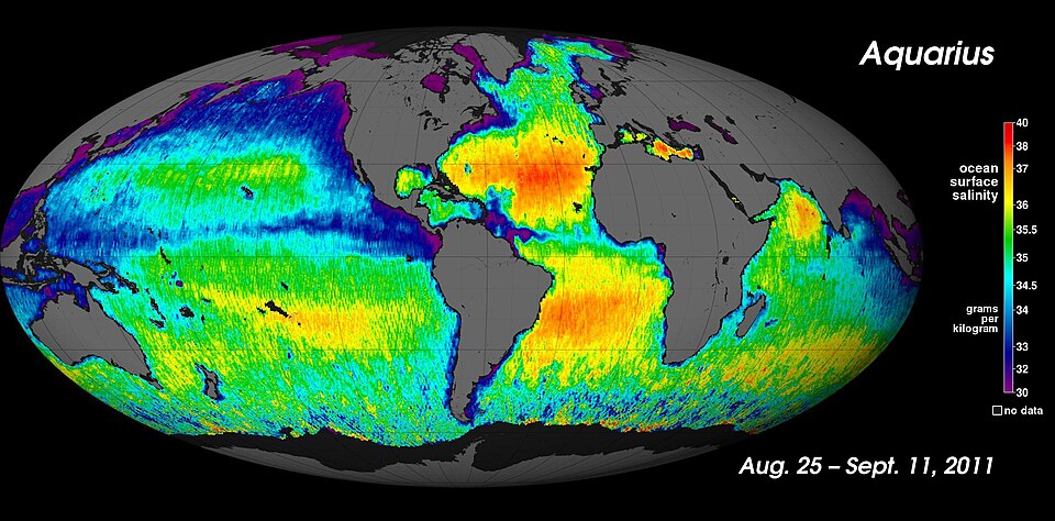 Salinity map taken from the Aquarius Spacecraft. The rainbow colours represent red = 40ppt and violet = 30 ppt