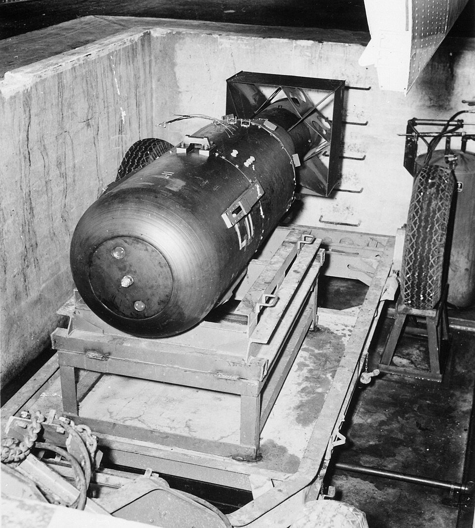 Little Boy, the atomic bomb thrown on Hiroshima, shortly before being loaded on the airplane.