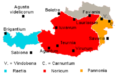 Map of Austria during Roman rule, divided into the three provinces, Raetia, Noricum and Pannonia