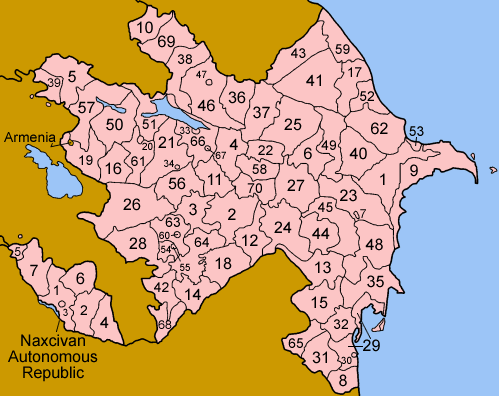 Map of the administrative divisions of Azerbaijan. Note that the divisions of the Nakhchivan are listed separately.