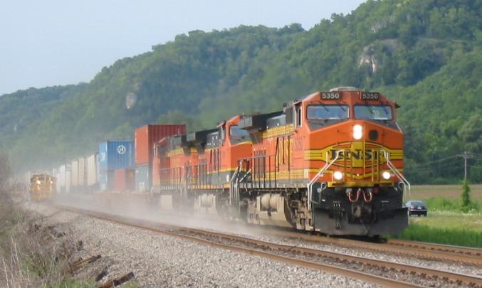 Freight train hauled by diesel locomotives.
