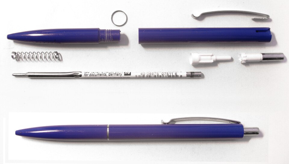 Ballpoint pen, taken apart (top) and put together (bottom)