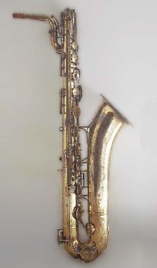 An E-flat baritone saxophone.