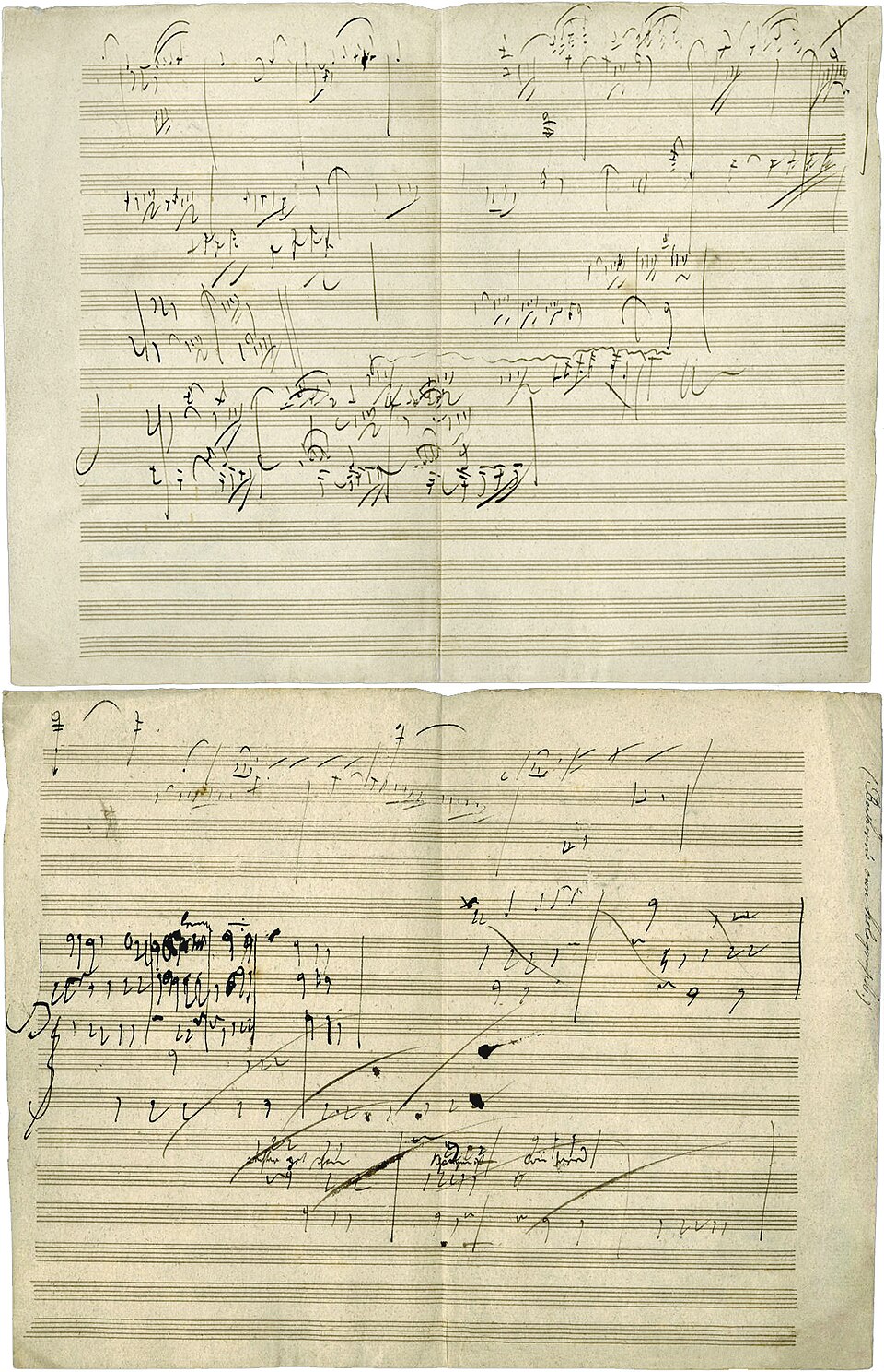 Ludwig van Beethoven's manuscript sketch for Piano Sonata No. 28, Movement IV, Geschwind, doch nicht zu sehr und mit Entschlossenheit (Allegro), in his own handwriting. The piece was completed in 1816.