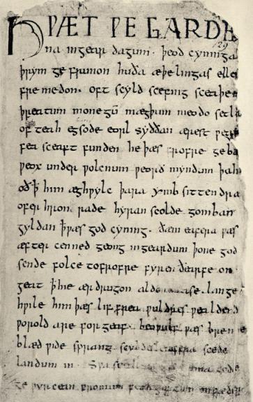 {{center|First page of Beowulf}}