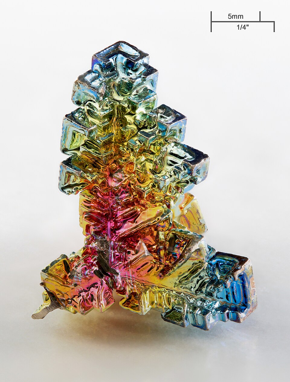 Bismuth crystals can have a thin layer of bismuth(III) oxide on the outside that is very colorful.