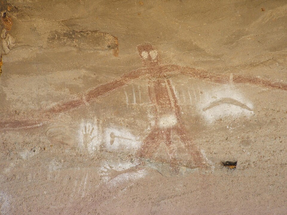 A cave painting in the Hunter Valley. It depicts Baiame, the creator spirit who comes from the sky in the Dreaming of several language groups of southeastern Australia.