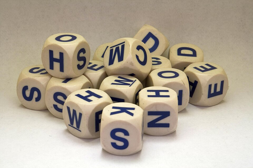 Dice with letters on them, used in Boggle