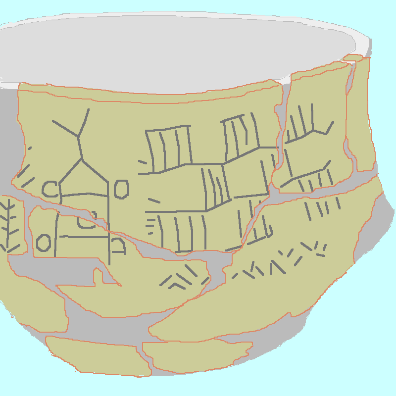 Drawing of a drinking-cup, dated to 3500-3350 BC. The object shown on the left has been interpreted as some kind of wagon, below or near a bridge. This would make it the oldest known depiction of a wheel. The cup is known as Bronocice bowl today.