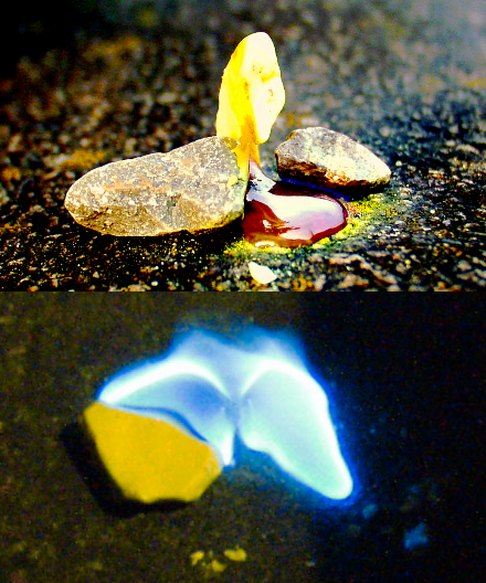 When sulfur is burned, it melts to a blood-red liquid (top picture). At night (bottom picture) the flame is much more visible.