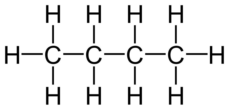 Butane, C 4 H 10 , an alkane characterised by a four carbon chain.