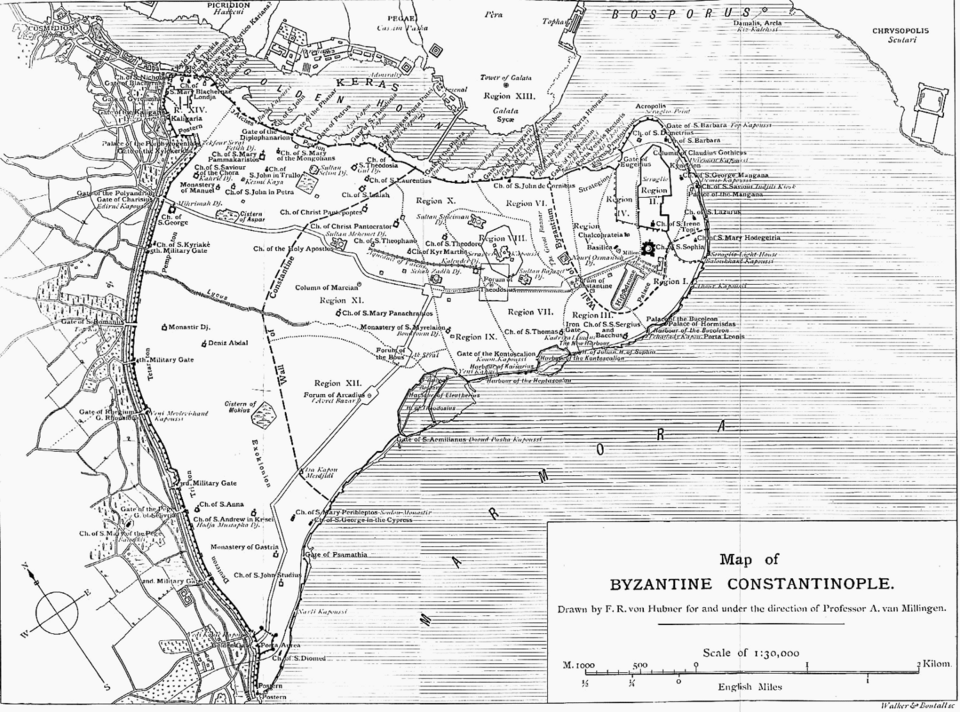 Map of Constantinople. Detailed map {{Webarchive|url=https://web.archive.org/web/20070311012145/http://www.unc.edu/awmc/downloads/connorConstLblMed.jpg |date=2007-03-11 }}.