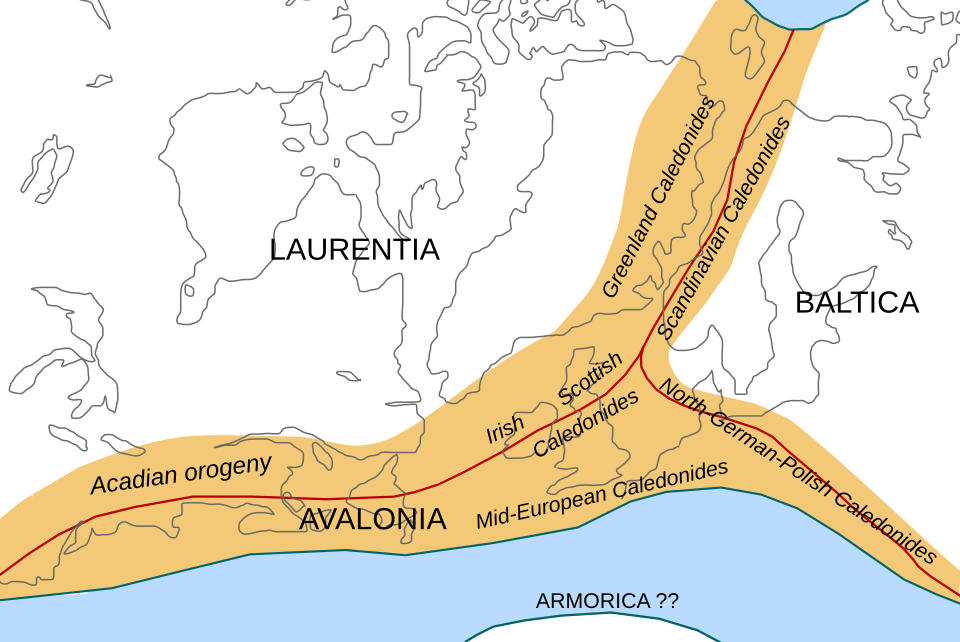 The branches of the Caledonian/Acadian belts at the end of the Caledonian orogeny (early Devonian). Present day coastlines are indicated in grey for reference. Later in geological history, the Atlantic Ocean opened and the different parts of the orogenic belt moved apart.
