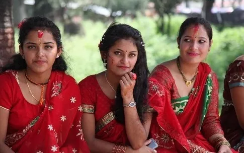 Indo-Aryan Pahadi (hilly) women of Khas group in Hindu outfit