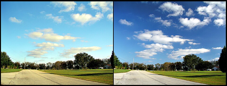 The effects of a polarizing filter on the sky in a photograph. The picture on the right uses the filter.