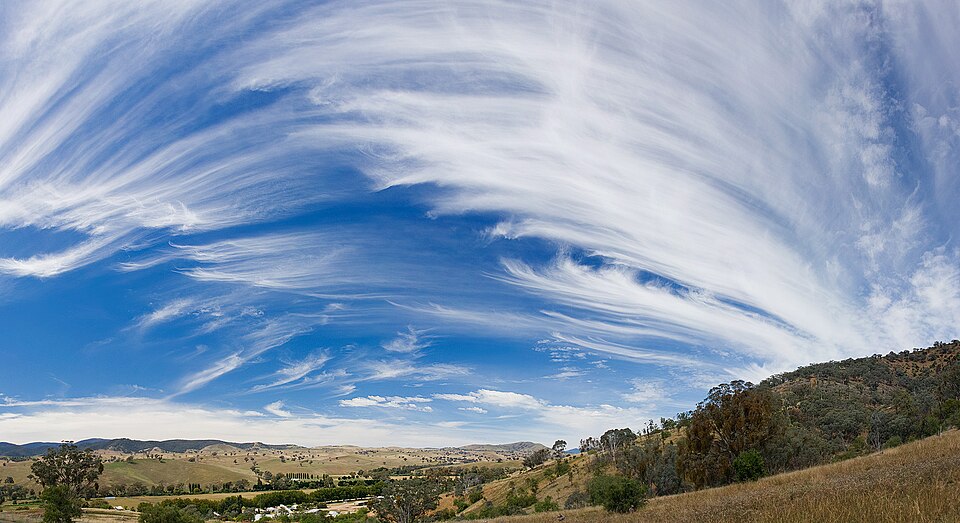 A sky of cirrus clouds (left) turning into cirrostratus (center-right) with some cirrocumulus (upper right).