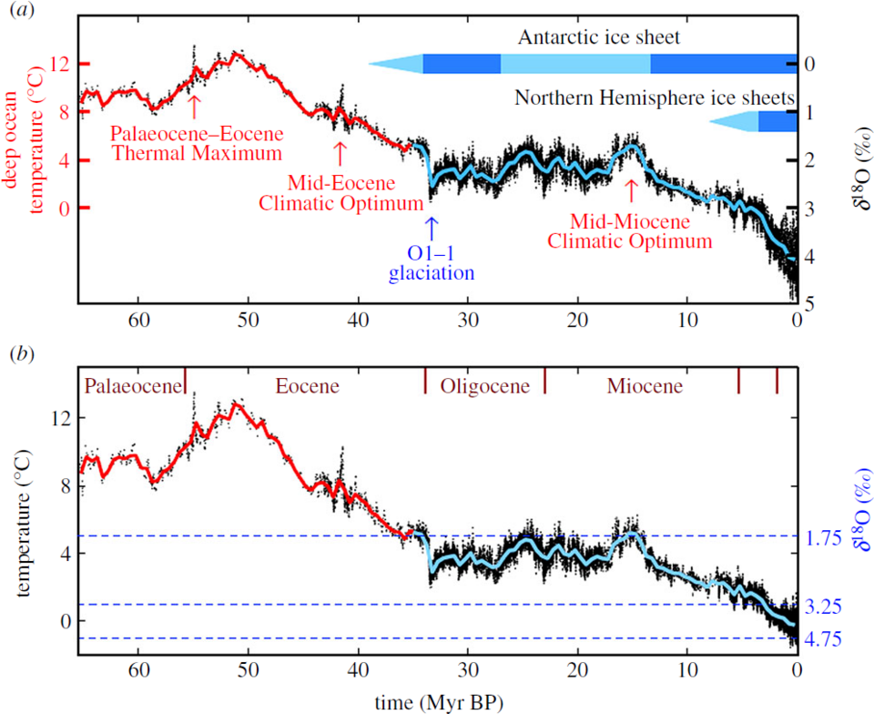 Significant drop off in both temperature and deep sea ocean temperature as measured by delta 18 O after the Middle Miocene Climatic Optimum.