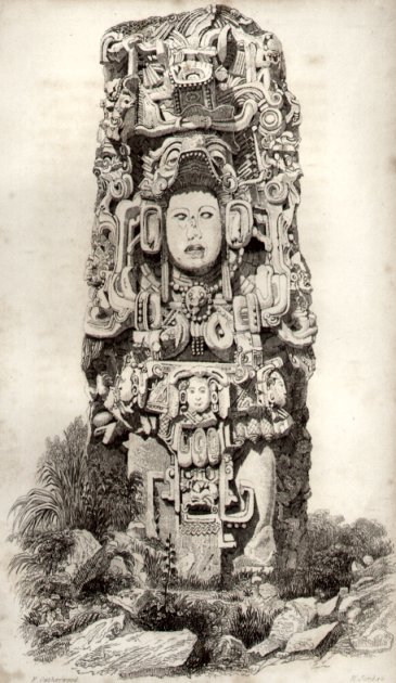 Stela N, depicting King K'ac Yipyaj Chan K'awiil ("Smoke Shell"), as drawn by Frederick Catherwood in 1839