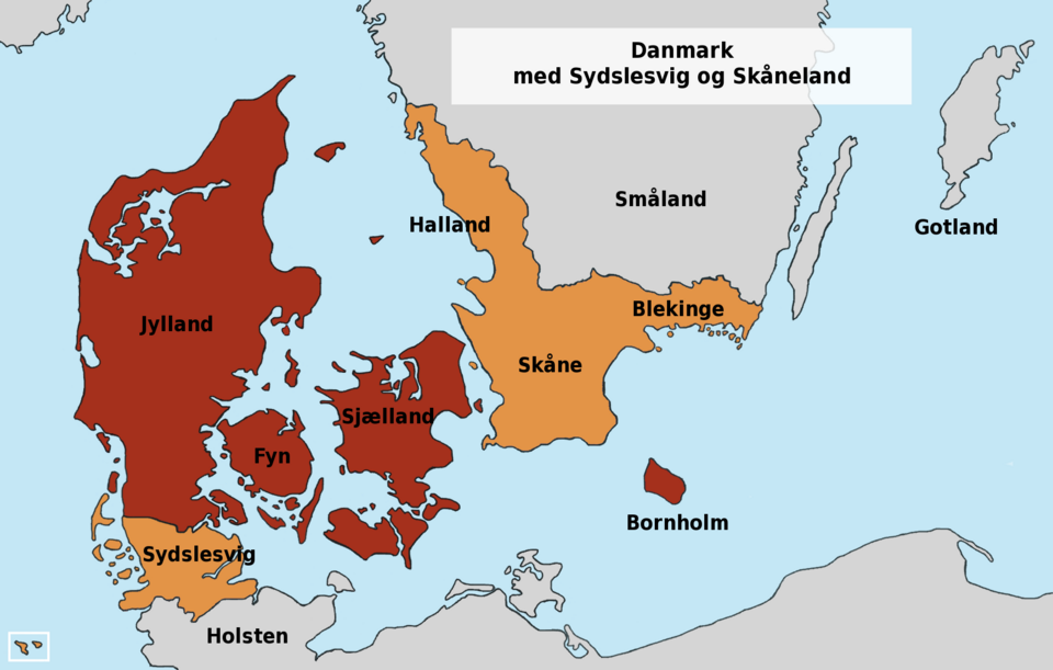Today's Denmark and the former Danish provinces Southern Schleswig, Skåne, Halland and Blekinge.