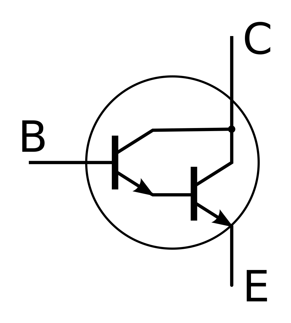 The circuit symbol of a Darlington transistor. The "B" stands for base, the "C" stands for collector, and the "E" stands for emitter.