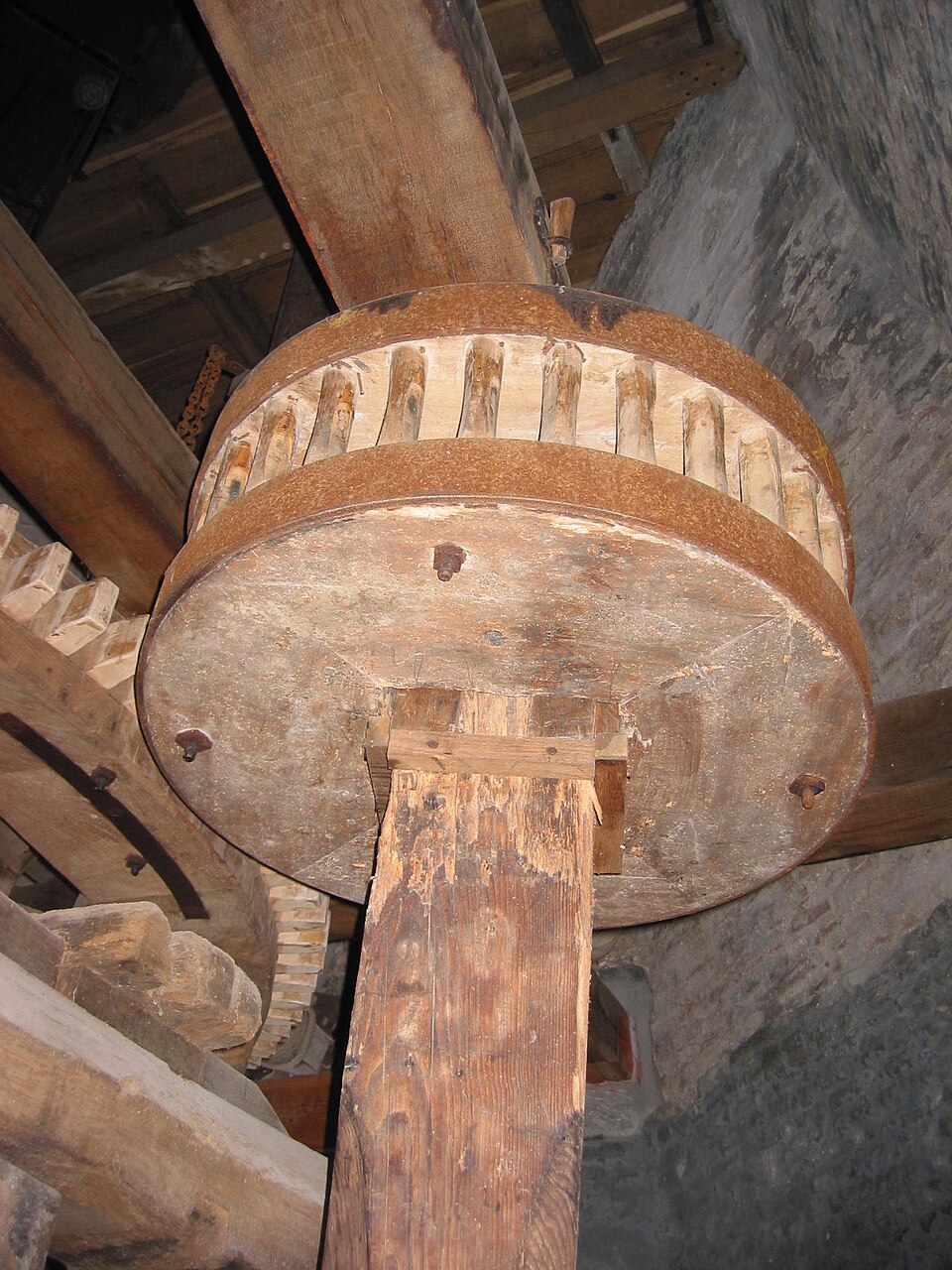 Gears and cogs inside an old windmill