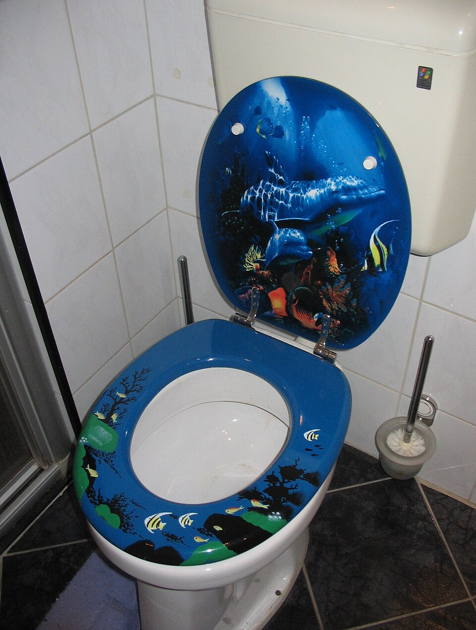 A toilet with a colourful toilet seat.