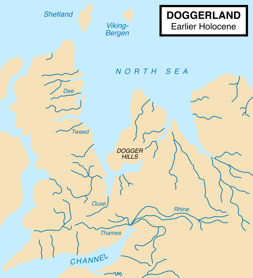 Paleogeographic reconstruction of the North Sea appr. 9000 years ago during the young Holocene and after the end of the last ice age.